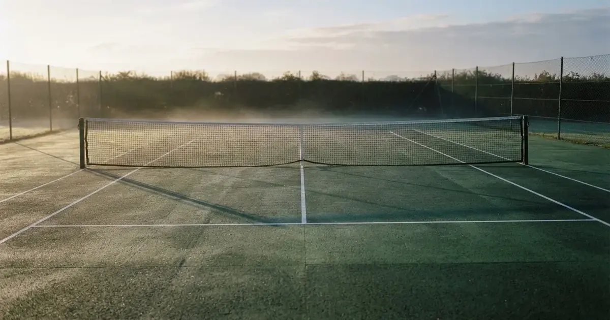 Ein leerer Tennisplatz im Morgengrauen, der Netzschatten fällt lang über den Platz, über der Grundlinie liegt leichter Nebel.